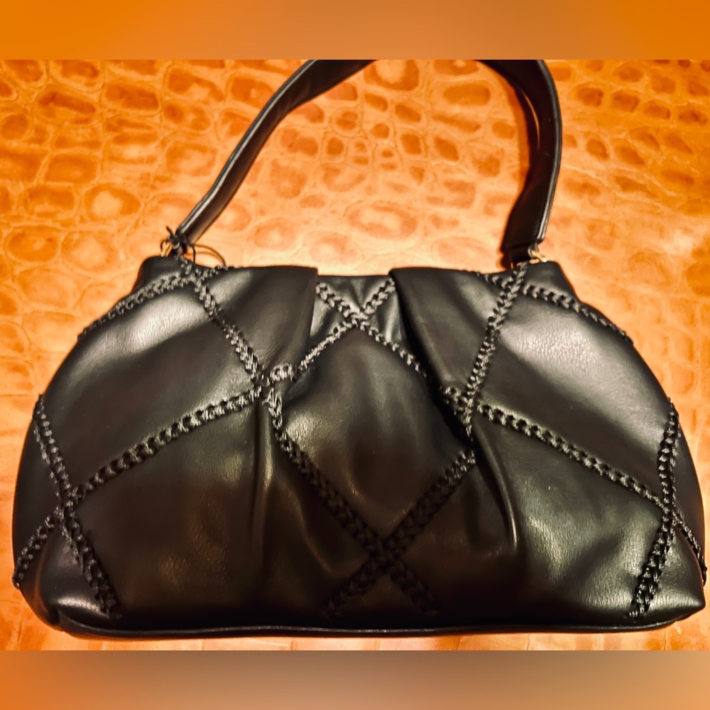 Cejon Black CrossStitch Quilted Hobo Bag.NWT